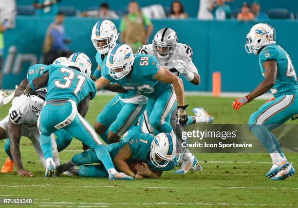 Miami Dolphins kicker Cody Parkey recovers his onside kick during an NFL football game between the Oakland Raiders and the Miami Dolphins on November...