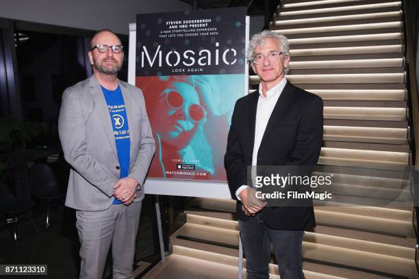 Director and Filmmaker Steven Soderbergh and Writer Ed Solomon pose for a photo before an exclusive first look at interactive storytelling APP Mosaic...