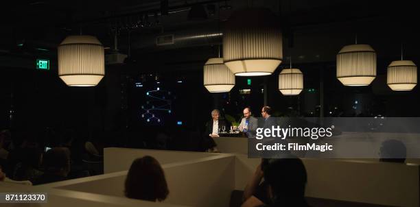 Writer Ed Solomon, Director and Filmmaker Steven Soderbergh and Geekwire Editor Todd Bishop speak during an exclusive first look at interactive...