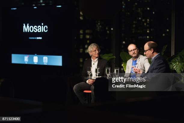 Writer Ed Solomon, Director and Filmmaker Steven Soderbergh and Geekwire Editor Todd Bishop speak during an exclusive first look at interactive...