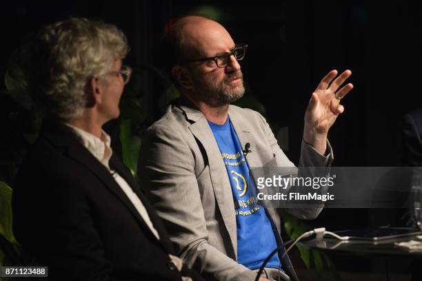 Writer Ed Solomon and Director and Filmmaker Steven Soderbergh speak during an exclusive first look at interactive storytelling APP Mosaic from HBO...