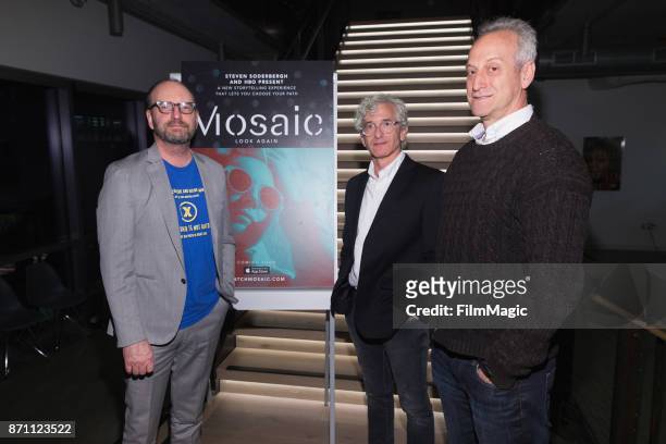 Director and Filmmaker Steven Soderbergh, Writer Ed Solomon and Executive Producer Casey Silver pose for a photo before an exclusive first look at...