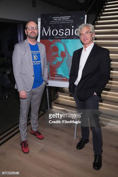 Director and Filmmaker Steven Soderbergh and Writer Ed Solomon pose for a photo before an exclusive first look at interactive storytelling APP Mosaic...