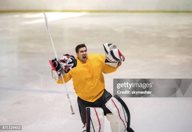 young ice hockey goalie celebrating the victory in a rink and shouting of joy. - ice hockey player stock pictures, royalty-free photos & images