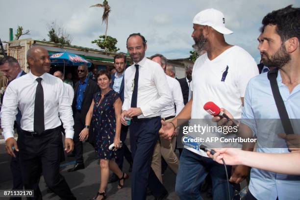 French Prime minister Edouard Philippe and Daniel Gibbs President of Saint Martin's Conseil Territorial meet residents in Marigot, on the French...