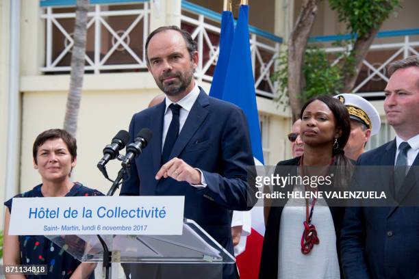 French Prime minister Edouard Philippe , flanked by French Overseas Minister Annick Girardin and Minister of State Jean-Baptiste Lemoyne speaks in...