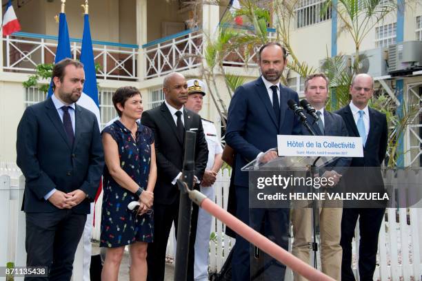 French Prime minister Edouard Philippe, flanked by French Education Minister Jean-Michel Blanquer , Minister of State Jean-Baptiste Lemoyne ,...