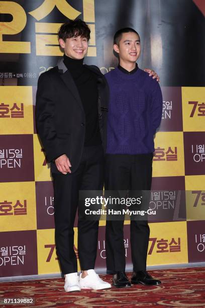 Actors Shin Ha-Kyun and D.O. Of boy band EXO-K attend the "Room No.7" press screening at Lotte Cinema on November 7, 2017 in Seoul, South Korea. The...