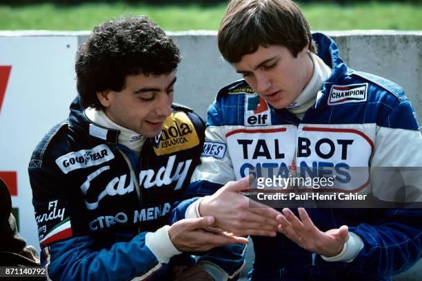 Michele Alboreto, Eddie Cheever, Grand Prix of Belgium, Circuit Zolder, 09 May 1982. Michele Alboreto and Eddie Cheever discussing tactics during...