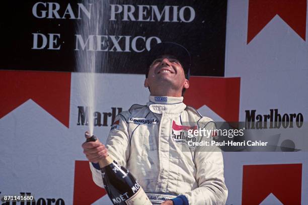 Michele Alboreto, Tyrrell-Ford 018, Grand Prix of Mexico, Autodromo Hermanos Rodriguez, Magdalena Mixhuca, 28 May 1989. Michele Alboreto celebrating...