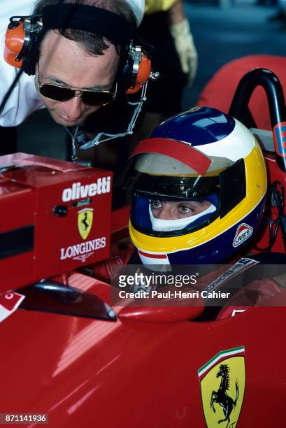Michele Alboreto, Marco Piccinini, Ferrari F1/87/88C, Grand Prix of Germany, Hockenheimring, 24 July 1988. Michele Alboreto with Ferrari team manager...