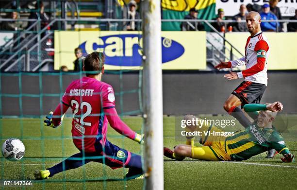 Goalkeeper Kortsmit of ADO Den Haag, Lex Immers of ADO Den Haag, Karim el Ahmadi of Feyenoord scoring 2-2 during the Dutch Eredivisie match between...