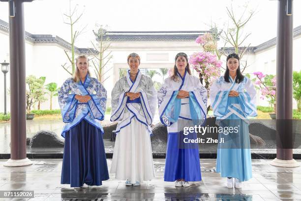 Jessica Korda of United States, Michelle Wie of United States, Sandra Gal of Germany, and Xiang Sui of China pose during a tournament launch event...