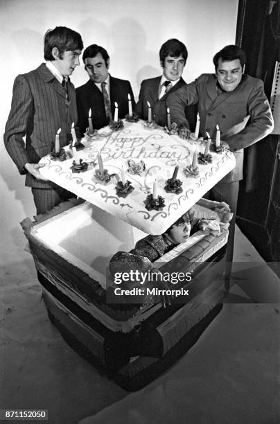 Eric Idle, Terry Jones, Michael Palin and David Jason help Denise Coffey celebrate her birthday on the set of 'Do Not Adjust Your Set', 12th December...