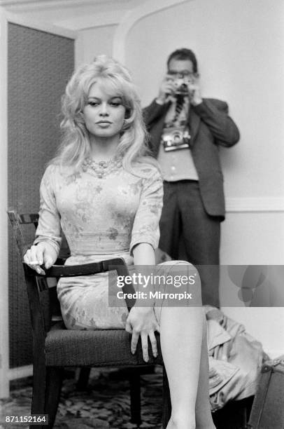 French film actress Brigitte Bardot in England to make a new film 'Babette Goes to War'. April 1959.