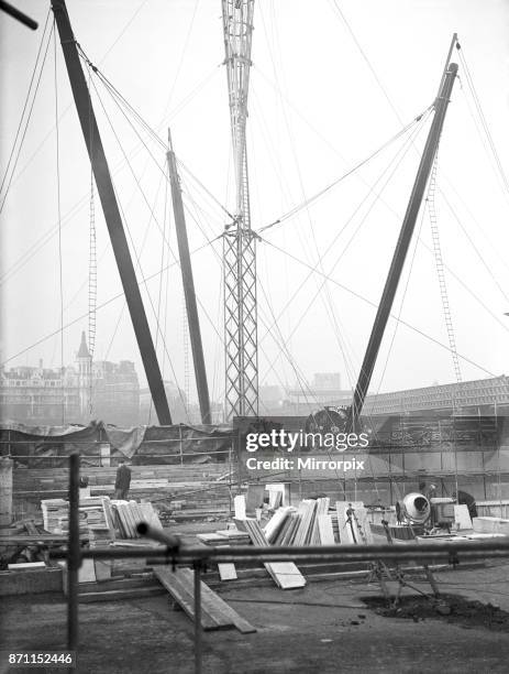 Work in progress on The Skylon, a vertical feature of The Festival of Britain. The giant cigar shaped structure is supported by three pylons and now...