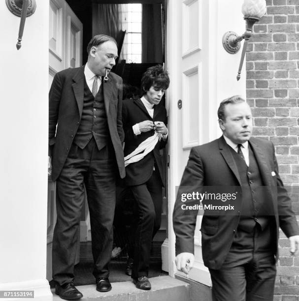 Keith Richards of Rolling Stones leaves his hotel in Chichester during the group's drugs case trial, 29th June 1967.