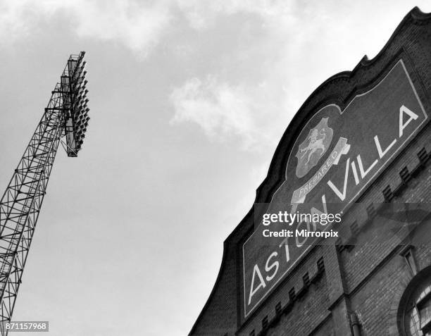 Exterior view of the entrance to Villa Park football stadium, and floodlights. Villa Park is the home to Aston Villa Football Club, Birmingham, West...
