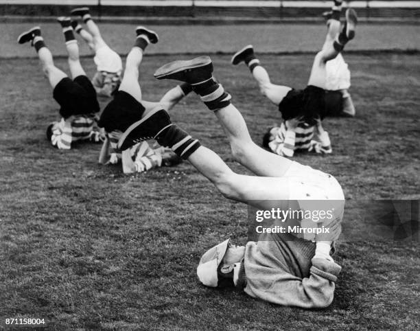 Celtic training, Charlie Tully limbers up, circa 1955.