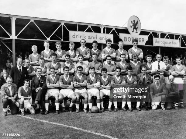 Wrexham team 1959 -60. Players and officials. Front row L-R : D. McNeil Scott, Mr John Love Fred Davis, Gren Jones, Ronnie Hewitt, Ewan Fenton ,...