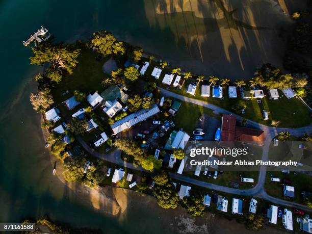 aerial view of holiday park, stillwater, auckland, new zealand. - whangaparoa peninsula bildbanksfoton och bilder