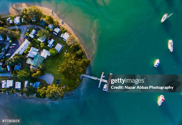 top looking down at jetty and housed in auckland, new zealand. - whangaparoa peninsula bildbanksfoton och bilder