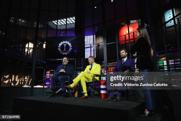 Michele De Lucchi, Lapo Elkann, Carlo Cracco and Camila Raznovich attend the Opening Garage Italia Milano press conference on November 7, 2017 in...