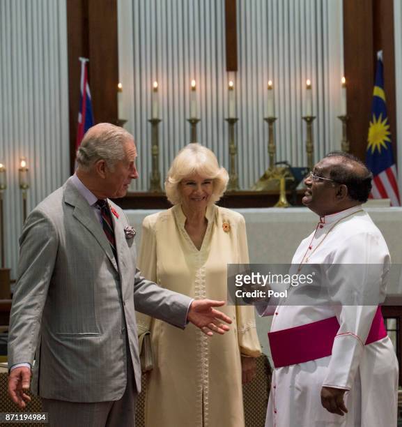 Prince Charles, Prince of Wales and Camilla, Duchess of Cornwall during a visit to St George & Otilde's Church on November 7, 2017 in Penang,...