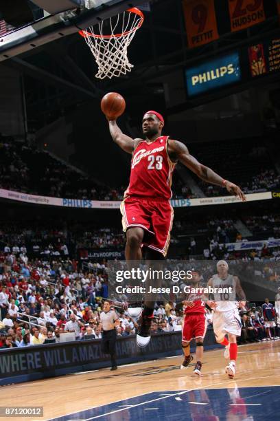LeBron James of the Cleveland Cavaliers dunks against the Atlanta Hawks in Game Four of the Eastern Conference Semifinals during the 2009 NBA...