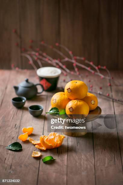 chinese new year food and drink still life. - lunar new year cup 2017 stock-fotos und bilder