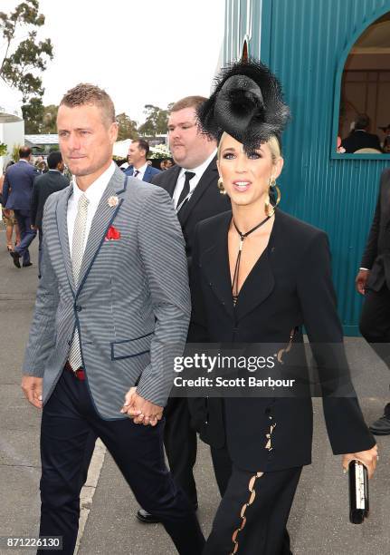 Lleyton Hewitt and Bec Hewitt arrive at the Kennedy Marquee on Melbourne Cup Day at Flemington Racecourse on November 7, 2017 in Melbourne, Australia.