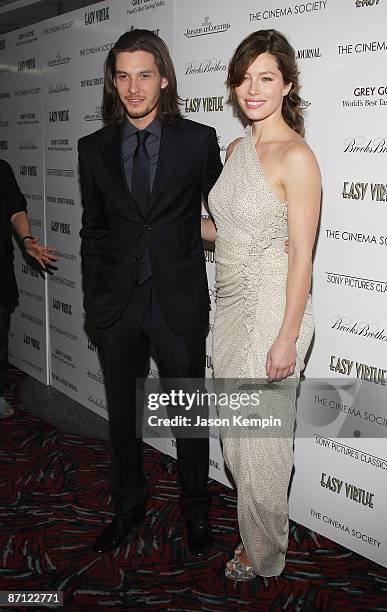 Actor Ben Barnes and actress Jessica Biel attend a screening of "Easy Virtue" hosted by The Cinema Society and The Wall Street Journal with...