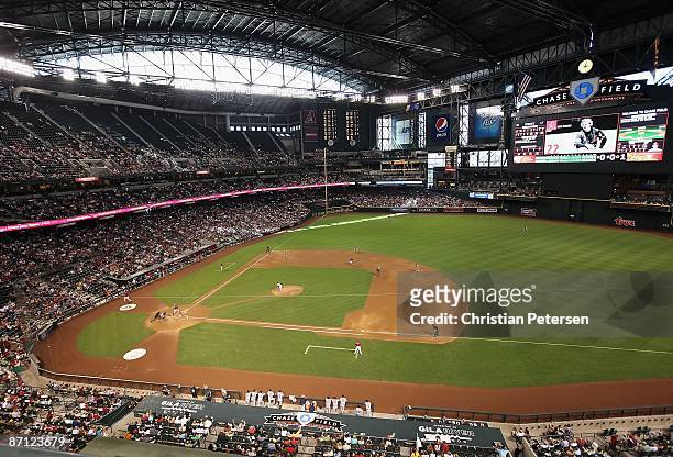 General view of action between the Arizona Diamondbacks and the Washington Nationals during the major league baseball game at Chase Field on May 10,...