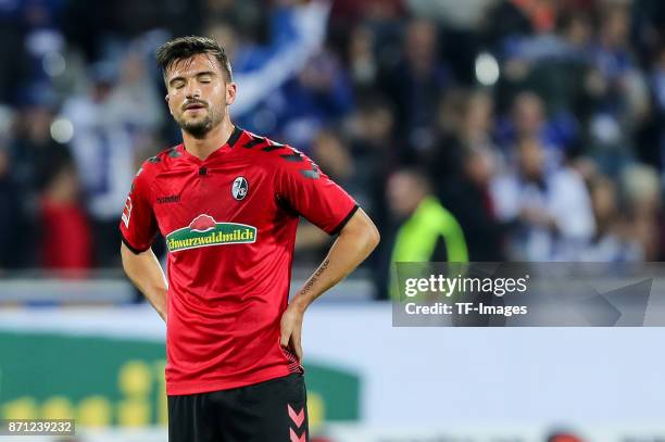 Marco Terrazzino of Freiburg looks dejected during the Bundesliga match between Sport-Club Freiburg and FC Schalke 04 at Schwarzwald-Stadion on...