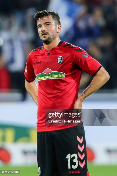 Marco Terrazzino of Freiburg looks dejected during the Bundesliga match between Sport-Club Freiburg and FC Schalke 04 at Schwarzwald-Stadion on...