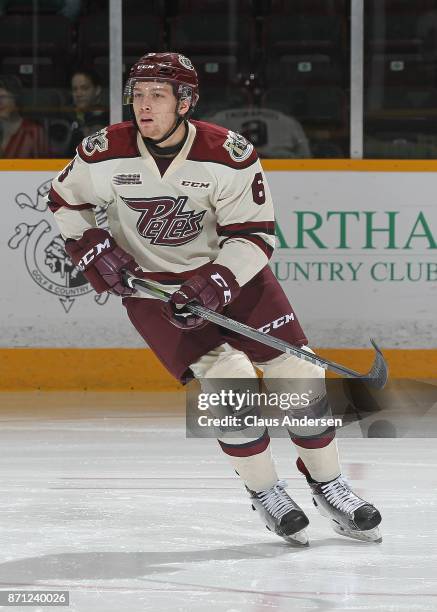 Austin Osmanski of the Peterborough Petes skates against the Barrie Colts during an OHL game at the Peterborough Memorial Centre on November 4, 2017...