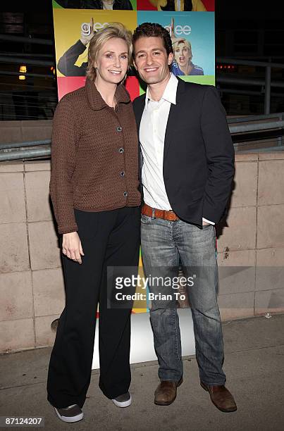 Actress Jane Lynch and Matthew Morrison arrive at "Glee" - Los Angeles Premiere Event at Santa Monica High School on May 11, 2009 in Santa Monica,...