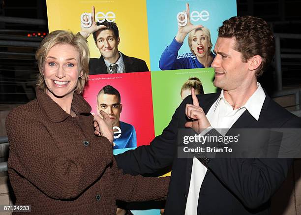 Actress Jane Lynch and Matthew Morrison arrive at "Glee" - Los Angeles Premiere Event at Santa Monica High School on May 11, 2009 in Santa Monica,...