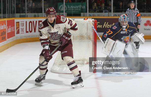 Nikita Korostelev of the Peterborough Petes waits for a puck to get a shot on Leo Lazarev of the Barrie Colts during an OHL game at the Peterborough...