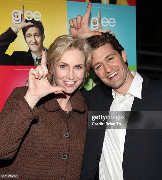 Actress Jane Lynch and Matthew Morrison arrive at "Glee" - Los Angeles Premiere Event at Santa Monica High School on May 11, 2009 in Santa Monica,...