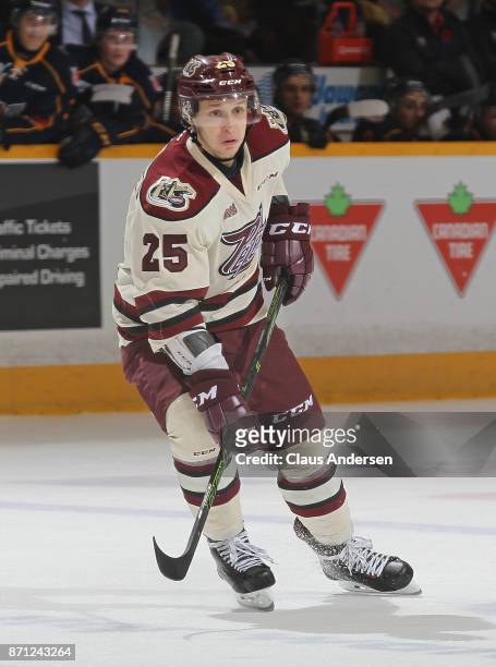 Nikita Korostelev of the Peterborough Petes skates against the Barrie Colts during an OHL game at the Peterborough Memorial Centre on November 4,...