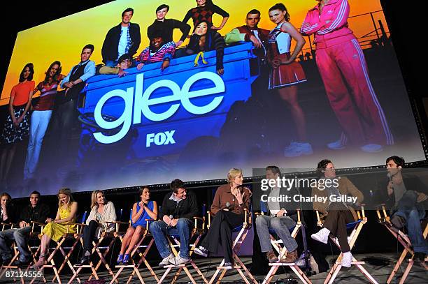 Cast members speak at a Q&A session at the GLEE premiere event screening at Santa Monica High School on May 11, 2009 in Santa Monica, California.