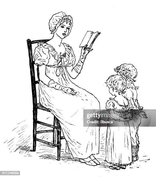 antique children spelling book illustrations: reading book - kids reading comics stock illustrations