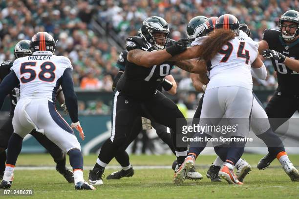 Philadelphia Eagles offensive guard Brandon Brooks blocks Denver Broncos nose tackle Domata Peko during a NFL football game between the Denver...