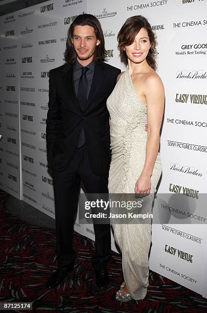 Actor Ben Barnes and actress Jessica Biel attends a screening of "Easy Virtue" hosted by The Cinema Society and The Wall Street Journal with...