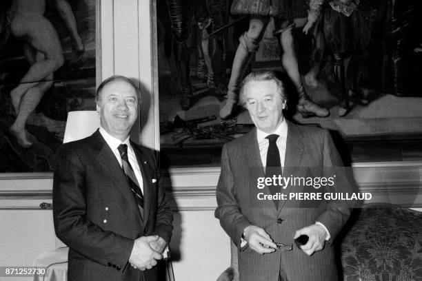 French Foreign affairs Minister Roland Dumas welcomes on February 14, 1985 his Tunisian counterpart Beji Caid Essebsi at the Quai d'Orsay in Paris.