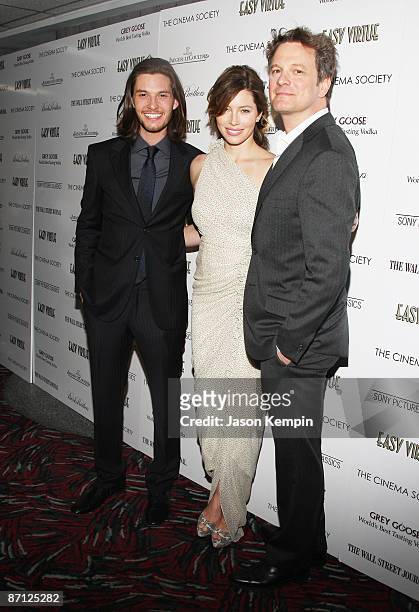 Actors Ben Barnes, Jessica Biel and Colin Firth attend a screening of "Easy Virtue" hosted by The Cinema Society and The Wall Street Journal with...