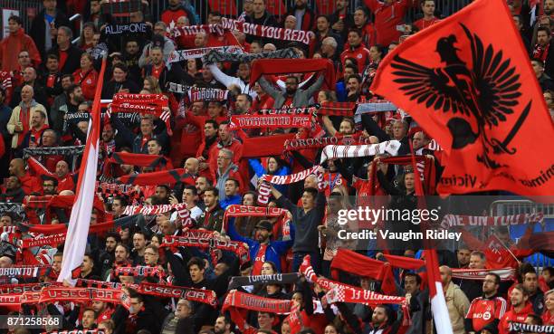 Fans sing the national anthem prior to the first half of the MLS Eastern Conference Semifinal, Leg 2 game between New York Red Bulls and Toronto FC...