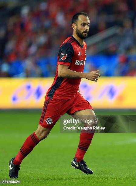 Victor Vazquez of Toronto FC chases the ball during the first half of the MLS Eastern Conference Semifinal, Leg 2 game against New York Red Bulls at...