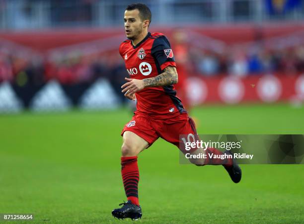 Sebastian Giovinco of Toronto FC chases the ball during the first half of the MLS Eastern Conference Semifinal, Leg 2 game against New York Red Bulls...